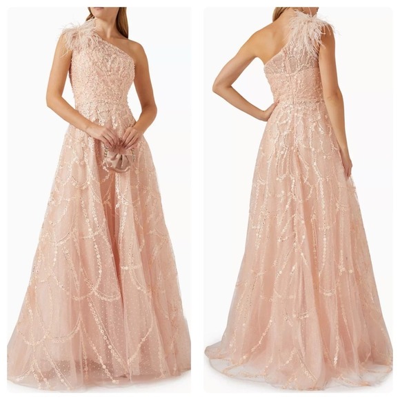 MAC DUGGAL Embellished Feathered One-shoulder Gown in Tulle Size 8 NWT - Picture 1 of 13